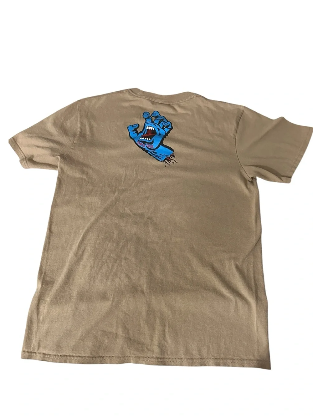 Santa Cruz Skateboards Tan T-Shirt with Blue Screaming Hand Boys XL